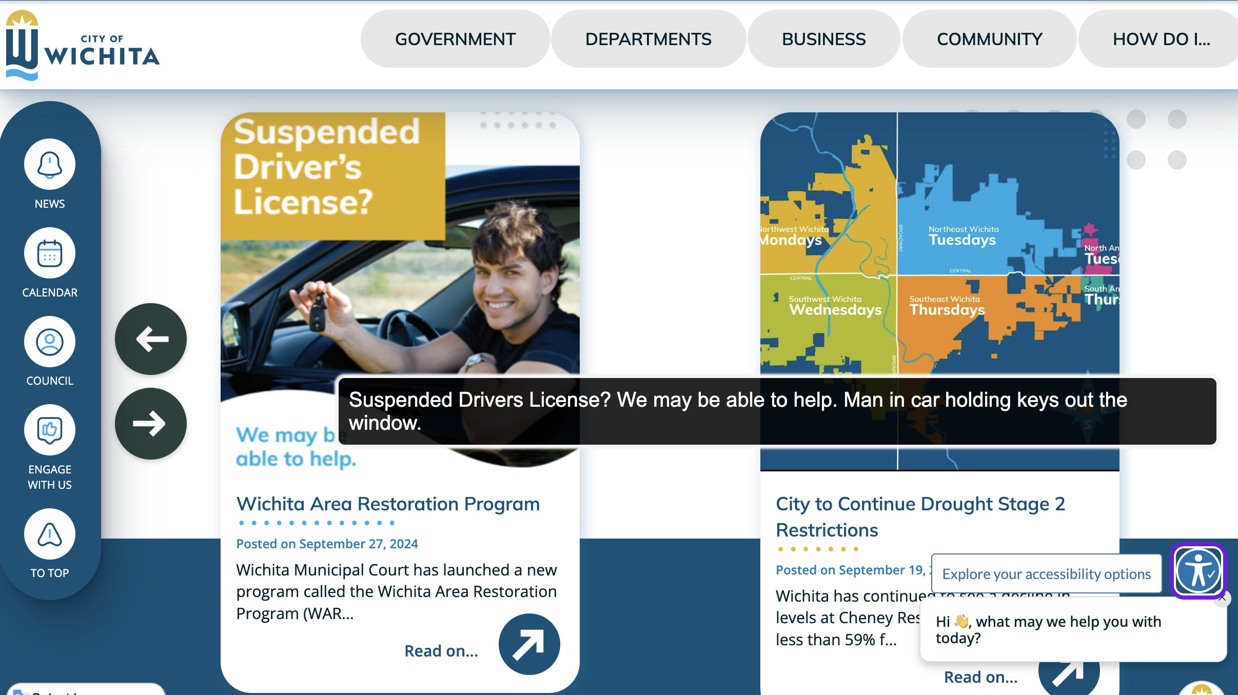 A screengrab of the City of Wichita's website shows new accessibility tool reading alt text of website image.